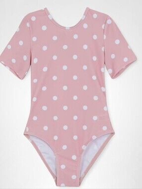 NWT Gottex Kids Pink Polka Dot One Piece Swimsuit 2-3Y Short Sleeve Tie Back UPF